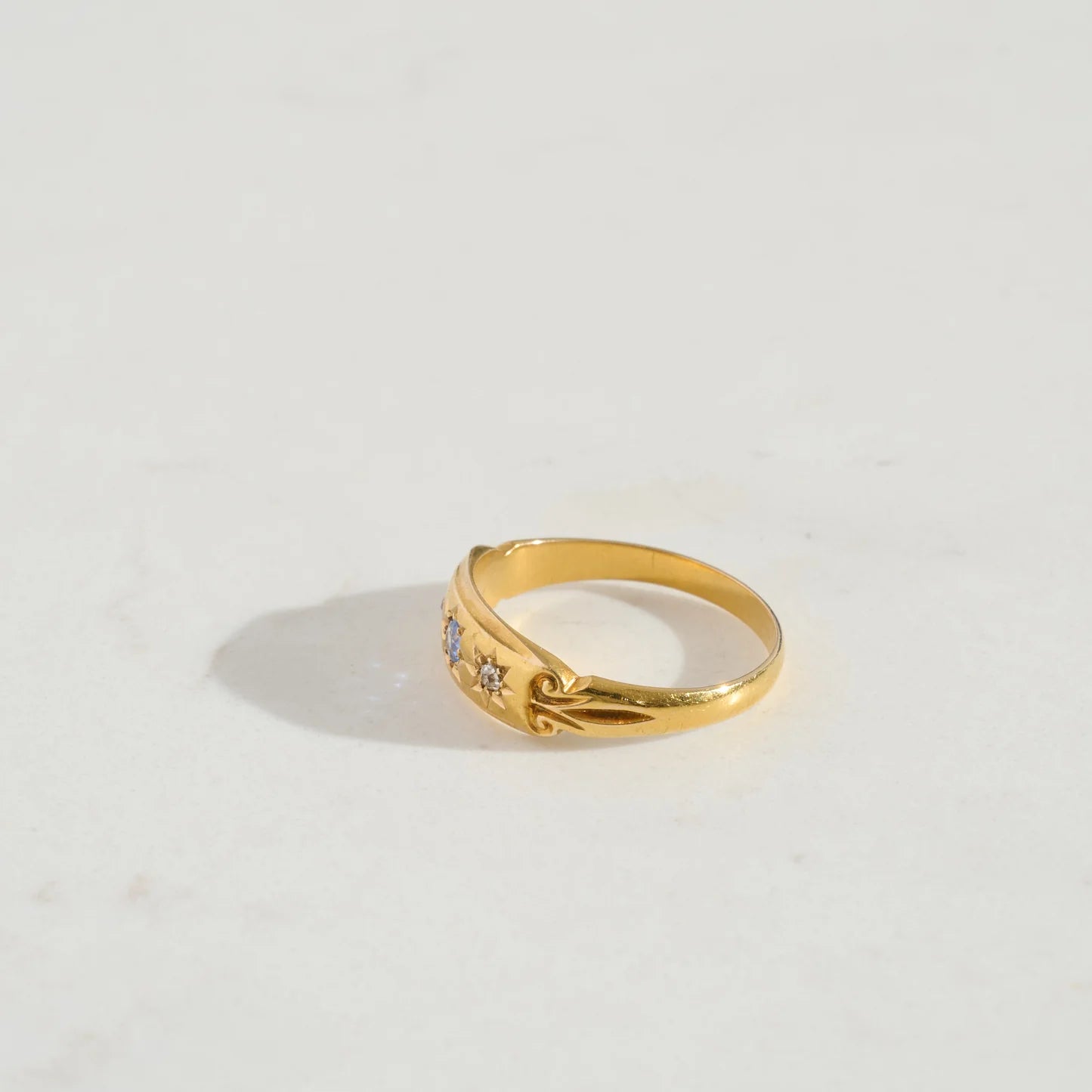 Antique 18k Gold Three Stone Sapphire and Diamond Star Set Ring