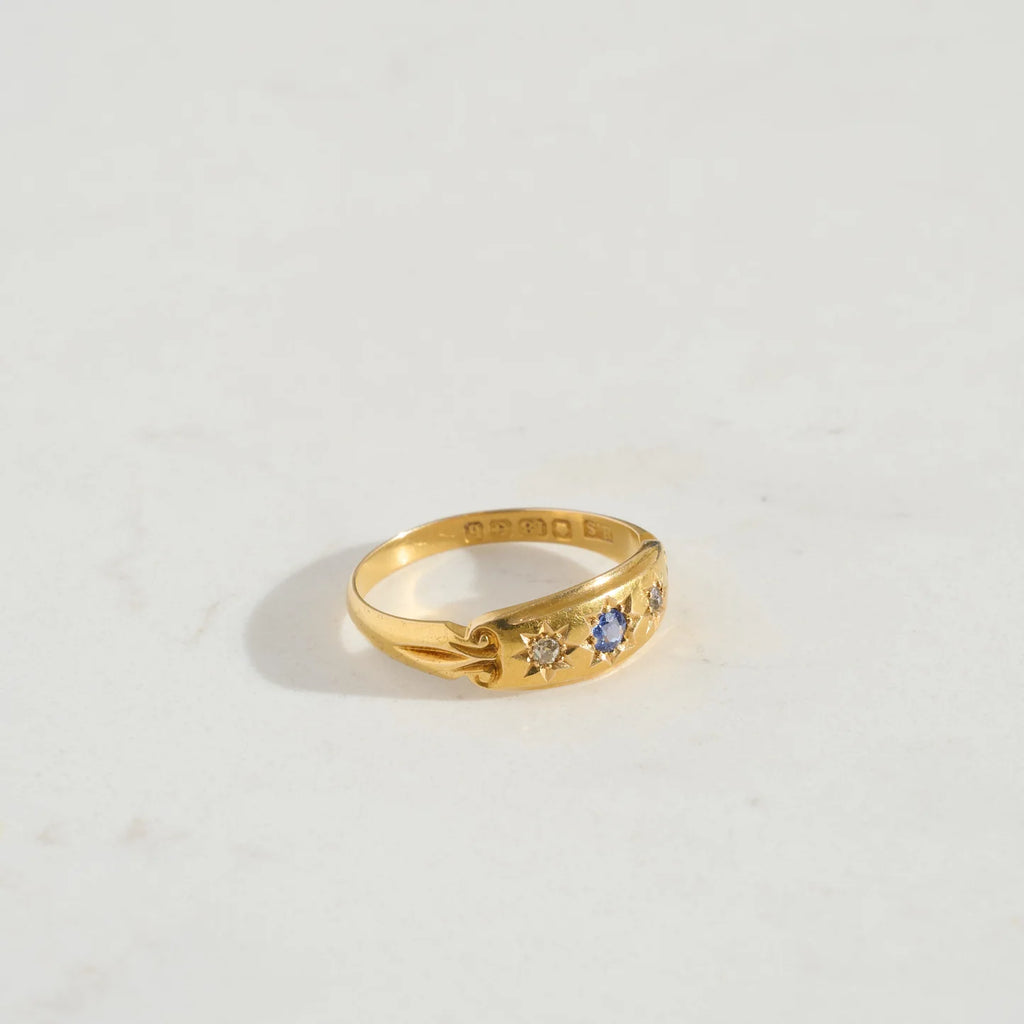 Antique 18k Gold Three Stone Sapphire and Diamond Star Set Ring