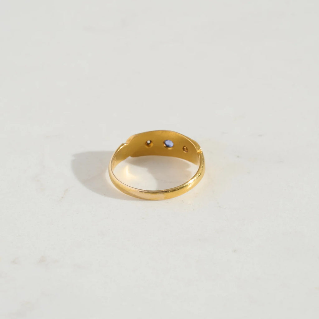 Antique 18k Gold Three Stone Sapphire and Diamond Star Set Ring
