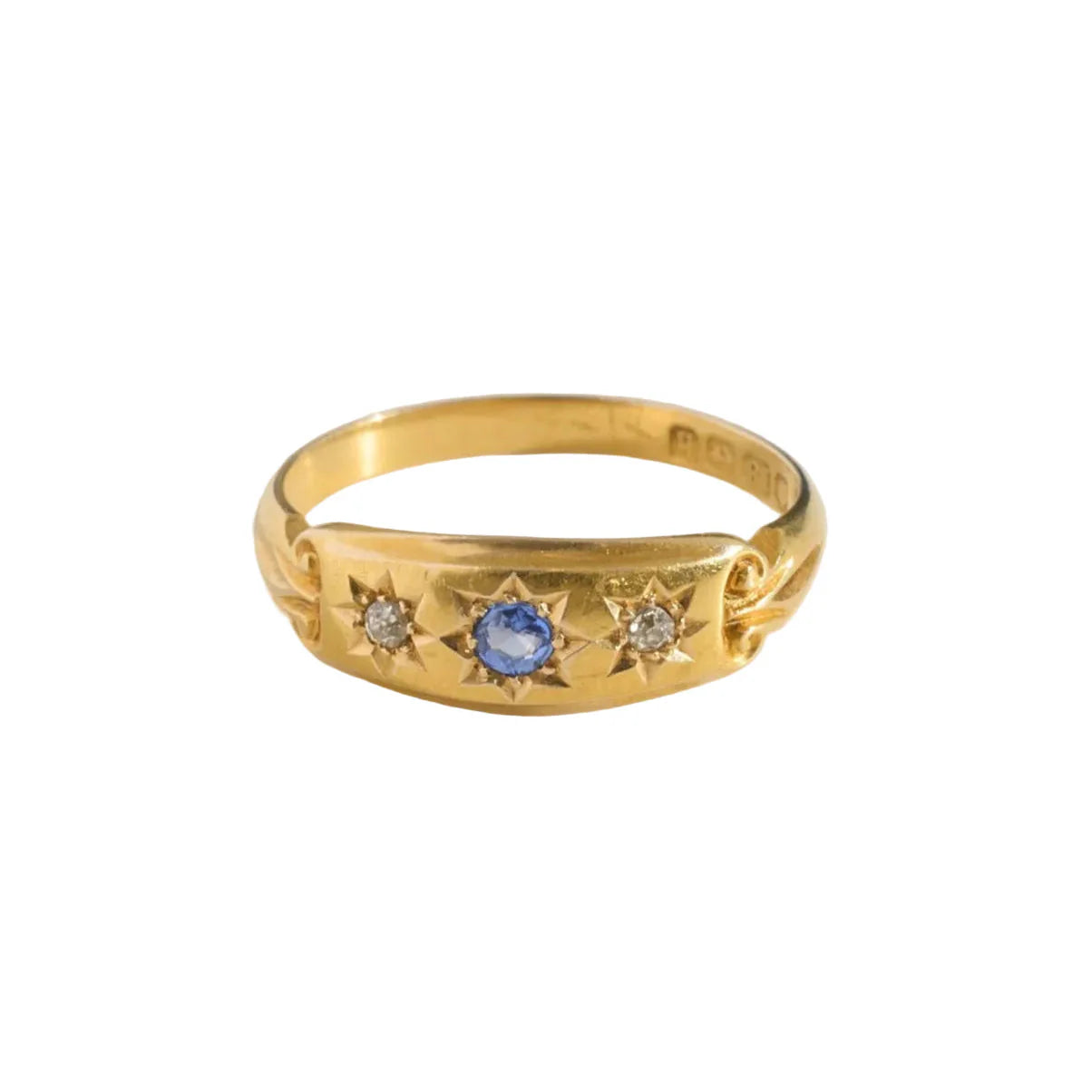 Antique 18k Gold Three Stone Sapphire and Diamond Star Set Ring